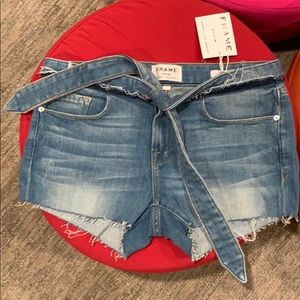 FRAME Le Cutoff Released Tie-Waist Denim Shorts 26